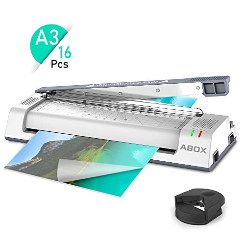 3 in 1 Laminiergerät A3 [heiß/kalt] ABOX 2 Rollen Laminator mit ABS Funktion,Schneidemaschine und Eckenrunder inkl. 16 Laminierfolien(A7 bis A3) Kurze Aufwärmzeit für Büro, Home und Schule-Weiß