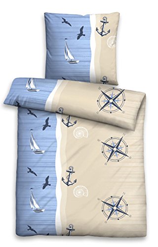 Castell Seersucker Bettwäsche Baumwolle Blau 135x200 + 80x80 cm Maritim Boot Möwe