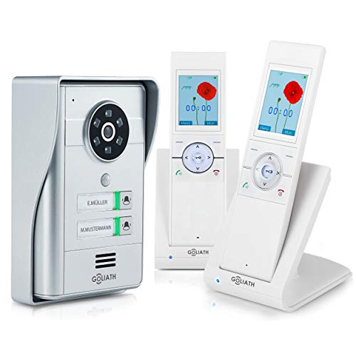 Goliath Funk Video Türklingel, Video-Türsprechanlage mit Kamera und Türöffner, Aufputz Türstation, Bewegungsmelder, Nachtsicht, Bildspeicher, Drahtlos, AV-VTF05, 2 Familienhaus Set