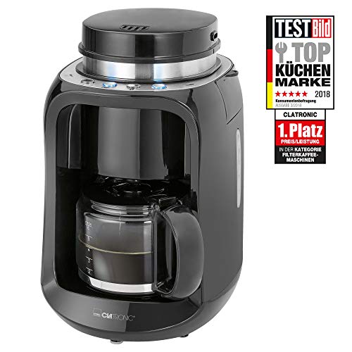 Clatronic KA 3701 Kaffeemaschine mit Edelstahl-Scheibenmahlwerk, 2in1 Kaffeemahlen und Brühen, 1-6 Tassen, 4 Bedientasten, schwarz