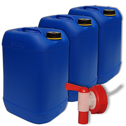 3 x 25 Liter Kanister blau (DIN 61) + 1 Hahn ***Getränkekanister Trinkwasser Camping Wasserkanister SET***
