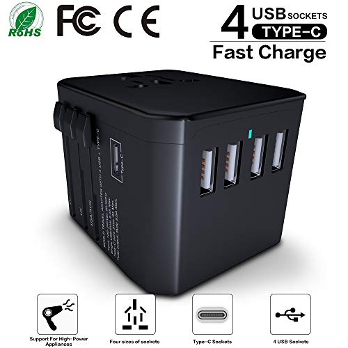 Universal Reiseadapter Reise Stecker Welt Travel Adapter 4 USB Ports + Type C Stromadapter Aufladung Reise Stecker Universal einsetzbar für 150 Ländern z.B. Europa USA Australian UK usw.