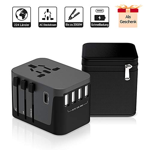 Reiseadapter MustWin Universal Reisestecker 5,6A Travel Adapter Weltweit mit 4 USB +Type C +AC Steckdosen +Doppelsicherung +Tasche für Internationale 224+ Länder Europa UK USA Austalien China USW