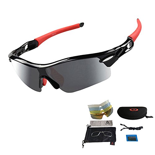 Unisex Radbrille Sportbrille Sonnenbrille, UV-Schutz, 5 Wechselgläser inkl. Schwarze polarisierte Linse, für Outdooraktivitäten wie Radfahren Laufen Klettern usw. (Rot)