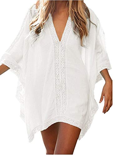 DNFC Strandkleid Damen Strandtunika Kurz Sommer Strand Kleider V-Ausschnitt Strandrock Lockeres Beach Kleid Schöne Spitze Strandkleider Bikini Cover Up für Urlaub (Weiß, One Size)