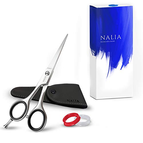 NALIA Profi Haarschere – mit extra Fingereinsätzen – Einfach besser Haare schneiden! - Präziser Schnitt | Abrutschsichere Gummiringe | Rostfreier Edelstahl