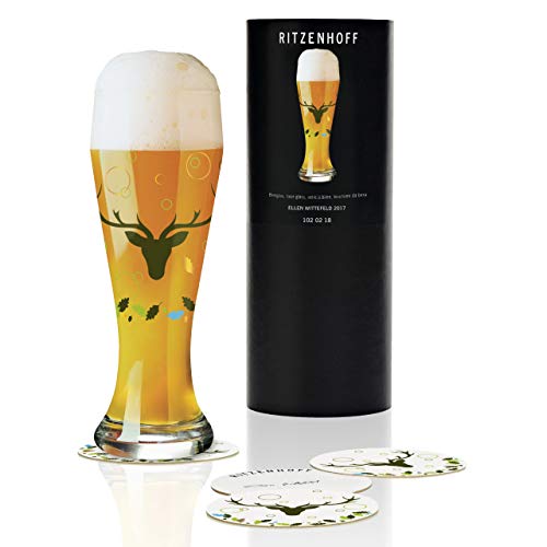 RITZENHOFF Weizen Weizenbierglas von Ellen Wittefeld, aus Kristallglas, 500 ml, mit fünf Bierdeckeln