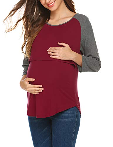 INZOE Stilltop Stillshirt Damen Stilloberteil Sommer Umstandspyjama 3/4 Ärmel Casual Stillnachthemd mit Stillfunktion Große für Frau Weinrot M