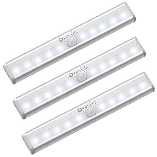 OxyLED Bewegungssensor Schrank Lichter, Kabinett Licht, DIY Stick auf überall Wireless 10 LED-Lichtstrahl, sichere Lichter mit Magnetstreifen für Garderoben-Treppe (3 Satz, weißes Licht, Batterie betrieben)