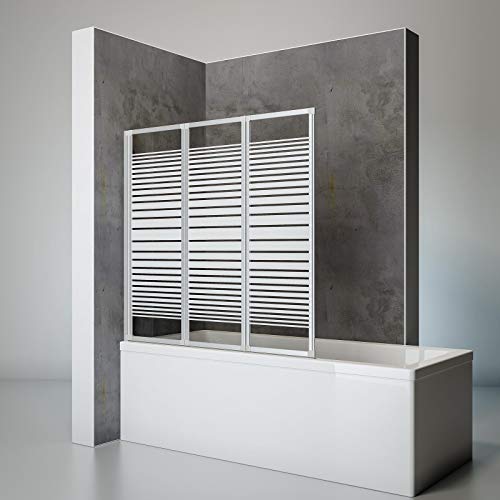 Schulte Duschwand Smart inkl. Klebe-Montage, 127 x 121 cm, 3-teilig faltbar, 3 mm Sicherheits-Glas Dekor Querstreifen, alu-natur, Duschabtrennung für Wanne