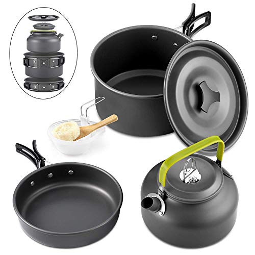 GreensKon Camping Kochgeschirr Set, Faltbare Outdoor Geschirr Picknick Topf Kochtopf Set mit Teekanne Aluminium