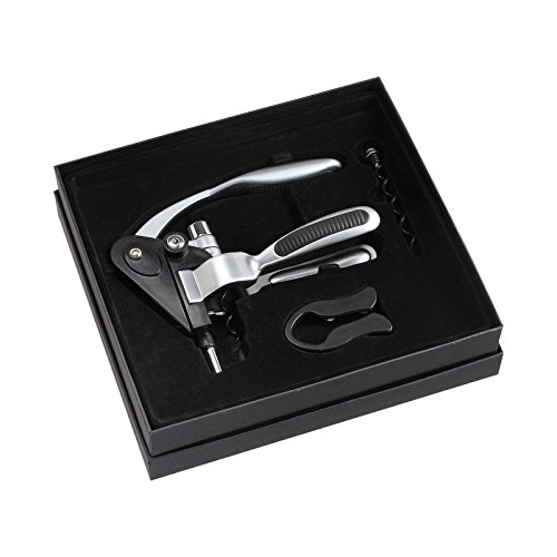 Korkenzieher Edelstahl Wein Heber Weingeschenk Set Flaschenöffner Folienschneider (Hebelkorkenzieher, Kapselschneider, Ersatzspirale, Geschenkbox, Weinzubehör)