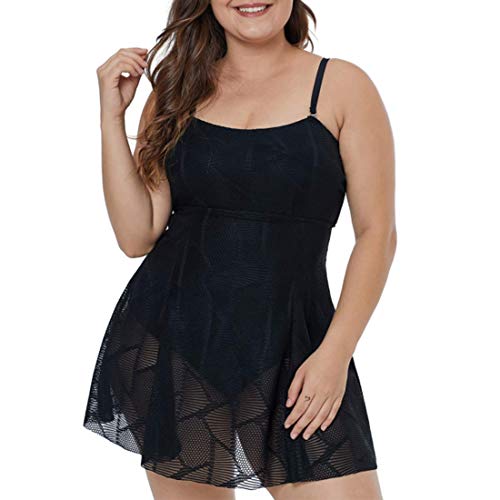 GWELL Damen Mesh Tankini Set Spitze Badeanzug Badekleider mit Slip Bikini Schwimmanzug Patchwork Baderock Bademode Große Größe Beachwear Schwarz XL