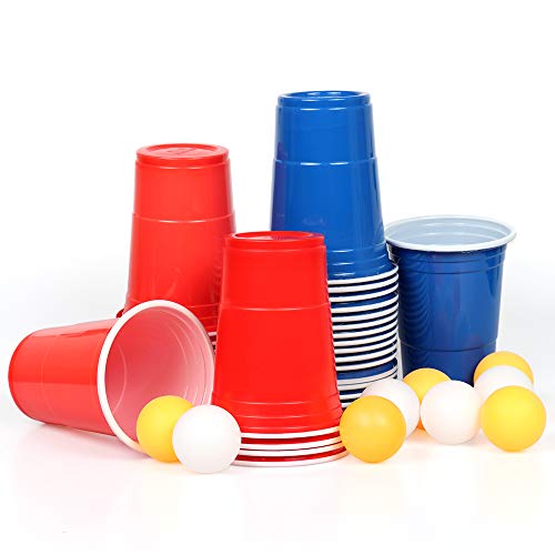100x Beer Pong Becher Partybecher Set Plastikbecher Rot und Blau 473ml Bier Pong Cups mit Bällen, 16oZ für Getränke Party Camping Cocktail Bier Neues Jahr Weihnachten Geburtstag Festivals Hochzeit