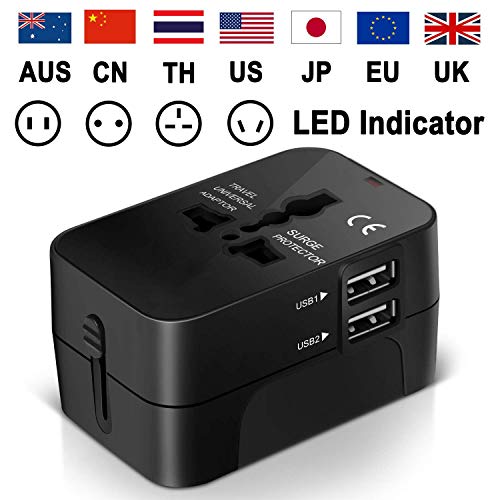 Universal Reiseadapter Weltweit Stromadapter Stecker für USA Europa UK Thailand Australien China - Universeller Weltreise Reisestecker Travel Adapter Steckdose mit USB ladestecker SCHWARZ