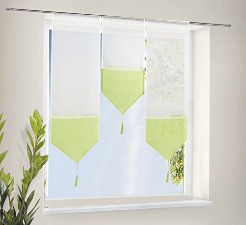Scheiben Gardinen Set bestehend aus 3 transparenten Scheibengardinen mit Tunneldurchzug und Beschwerungsstab Apfelgrün, 20112