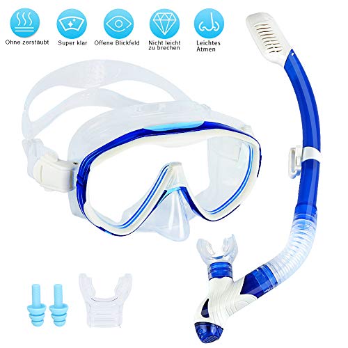 Mkocean Schnorchelset Kinder/Erwachsene Taucherbrille mit Schnorchel Tauchset gehärtete Anti-Beschlag Gläser Taucherbrille wasserdichte Tauchmaske und trockenem Schnorchel Set mit 1 Ersatzmundstück