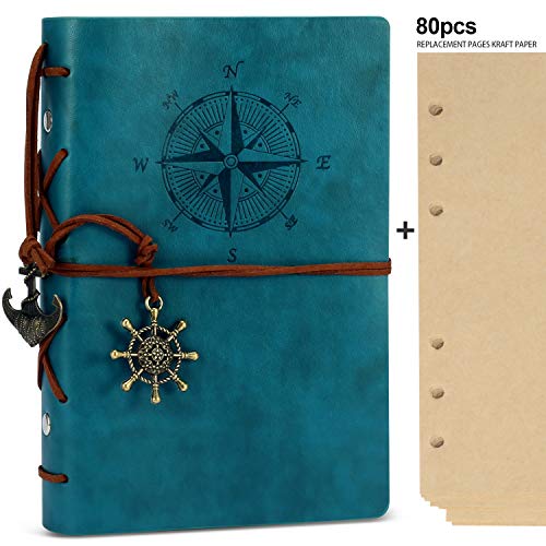Rymall Kunstleder-Tagebuch+A6 Refill Papier/160 Seiten, Notizbuch, nachfüllbar, Spiralbindung, klassisch, geprägt, Reise-Tagebuch, mit Blanko-Seiten und Retro-Anhängern,Blau