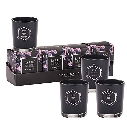 Duftkerzen 4er Set Geschenkepaket Natürliches Wachs, Dunkelblau 4 Votivkerzen Kokosnuss/Rose/Himbeere/Basilikum 60g*4