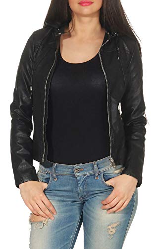 Malito Damen Jacke | Kunstleder Jacke | lässige Jacke mit Kapuze | Jacke mit Zipper - Faux Leather 5175 (schwarz, M)
