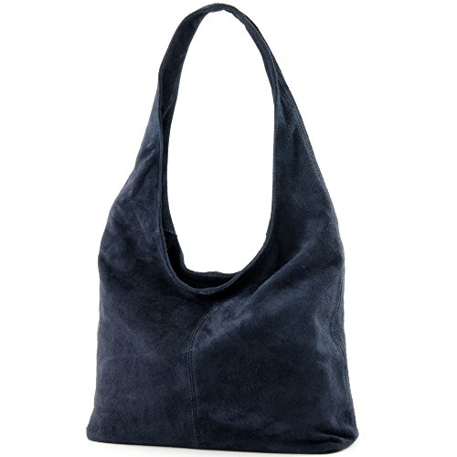 modamoda de - T150 - ital Schultertasche aus Leder Wildleder, Farbe:Dunkelblau