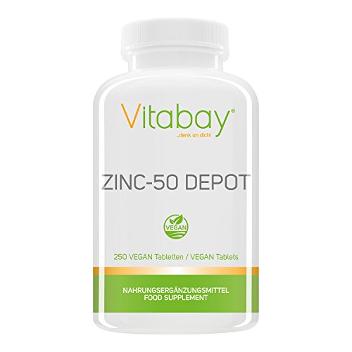 Zinc-50 Depot - 25 mg Zink (Elementargehalt) pro 1/2 Tablette - aus reinem hochdosierten Zink Gluconat - 100% Vegan - 250 XXL vegane Tabletten