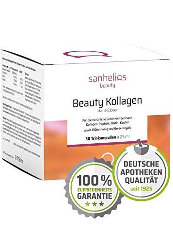 Sanhelios Beauty Kollagen | Anti Falten Kur zum trinken - Anti-Aging von Innen in Apothekenqualität | 30 Stück | 2500mg Kollagen, Biotin, Kupfer & Vitamin C | Mit Blütenhonig & Gelée Royale