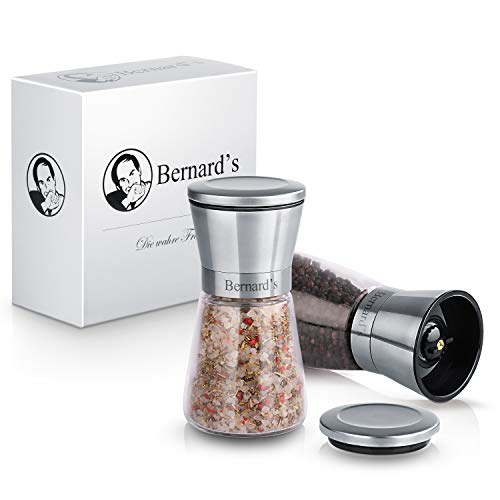 Bernard's Salz und Pfeffer Mühle aus deutsch-französischer Hand - Elegantes Gewürzmühlen Set mit verstellbarem Keramikmahlwerk - stilvolle Chilimühle - inklusive Gourmet-Kochbuch