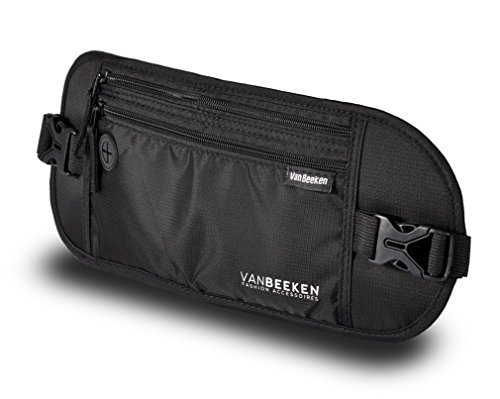 Flache Bauchtasche Hüfttasche mit RFID-Blockierung und 1 Hüftgurt für Damen und Herren - enganliegend und wasserdicht - Geldgürtel zum Sport, Reisen und Joggen - VAN BEEKEN Money Belt (Schwarz)