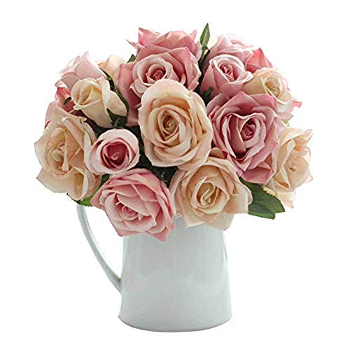 CQURE Künstliche Blumen,kunstblumen Unechte Deko Blumen Künstliche Rosen Seidenrosen Plastik 9 Köpfe Braut Hochzeitsblumenstrauß für Haus Garten Party Blumenschmuck (Rosa Champagner)
