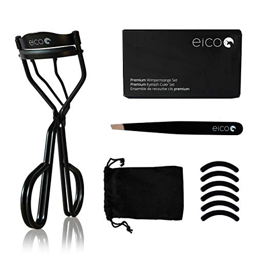 Eico Wimpernzange - Beziehbare Premium Wimpernzange mit Ersatz-Gummi, Pinzette und Tasche - Für einen langhaltenden Schwung ohne Knicken – Curler auch Linkshänder geeignet