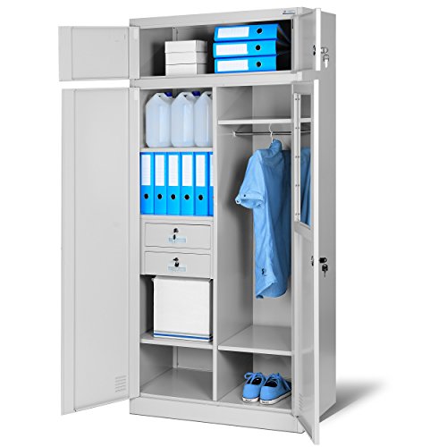 Mehrzweckschrank C117 Aktenschrank Büroschrank Metallschrank Spind Lagerschrank Geheimfach Flügeltüren Schubladen Pulverbeschichtet Stahlblech Abschließbar 200 cm x 90 cm x 50 cm (H x B x T) (grau/grau)