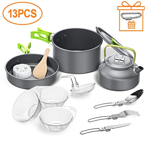 Igrome 13-TLG Camping Kochgeschirr Set Camping Kochtopf Set aus Edelstah Kochausrüstung für Outdoor Wandern Picknick, Topf & Pfanne aus Aluminium und Edelstahl, für 2-3 Personen (mit EIN Geschenk)