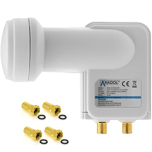 Anadol Gold Line TWIN LNB Digital 4K 0.1dB für 2 Teilnehmer Direkt Anschluss Dual 2fach FULL HD TV 3D 4K + Kontakte vergoldet + Wetterschutz (ausziehbar) im SET mit 4 F-Stecker vergoldet GRATIS