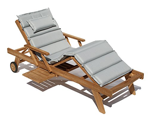 Teak Holz Liege Gartenliege Sonnenliege + Auflage Hellgrau11 Taupe