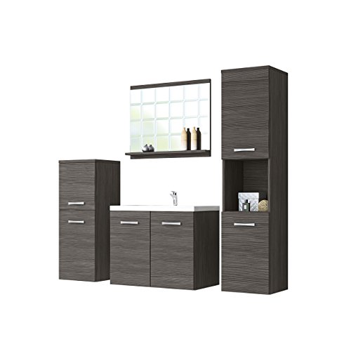 Badmöbel Set Maja mit Waschbecken und Siphon, Modernes Badezimmer, Komplett, Spiegel, Waschtisch, Hochschrank, Hängeschrank Möbel (Bodega)