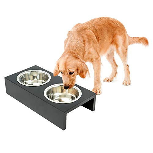 MEWANG Futterstation 2 Edelstahlschalen mit Holzhalter-Zwei extra Edelstahlschalen