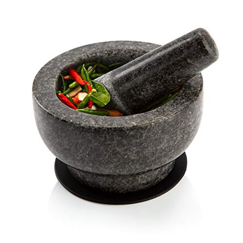 OLIDAN - Granit Mörser mit Stößel im Set mit schützender Unterlage, Holzlöffel und kostenfreiem E-Book - Mörser und Stößel sind aus massivem und geschmacksneutralen Granit - Gewürz Mörser