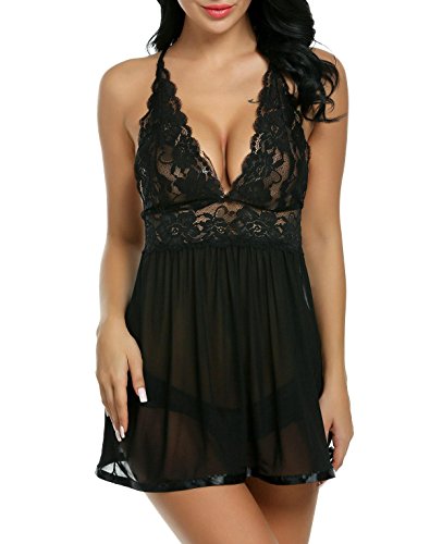 ADOME Spitze Negligee V-Ausschnitt Babydoll Lingerie Öffnen Zurück Nachtwäsche Kleid Dessous Unterwäsche für Damen mit Panties