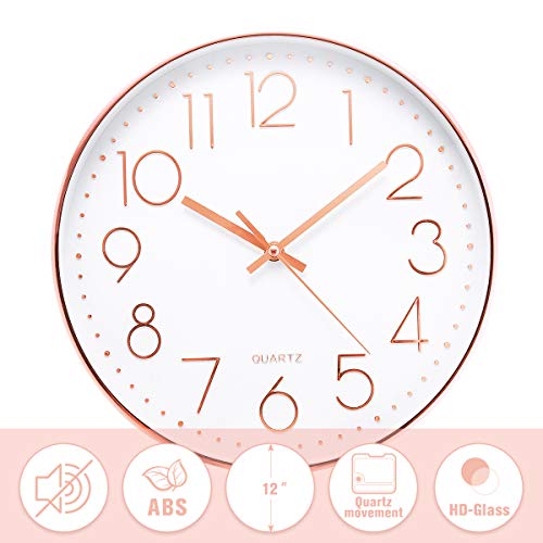 Jeteven 30cm Rund Wanduhr groß ohne Tickgeräusche modern für Wohnzimmer, Schlafzimmer, Kinderzimmer, Büro, Cafeteria und Restaurant (Rosegold)