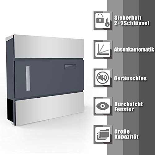 Deswell Briefkasten edelstahl mit Zeitungsfach, Namenschild, Sichtfenster inkl. 4 Schlüssel in Silber & Anthrazit Rostfreier Wandbriefkasten Wandpostkasten - 37cm x 10,5cm x 36,5cm