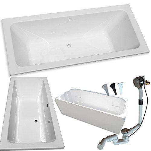 Acryl- Rechteck Badewanne'Koralle T 200' 180 x 80 cm mit Mittelablauf (mit Styroporträger mit Ab-/ Überlaufgarnitur)