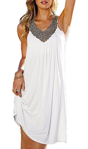 JQLampe Damen Sommer Sexy V Schnitt Falten Armellos Strandkleid Locker Beach Knielang Kleider Einfarbig Blusenkleider Partykleid Cocktailkleid