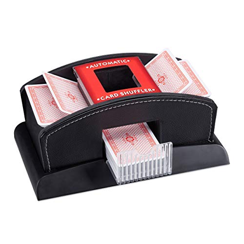 Relaxdays Kartenmischer Elektrisch, Leder, 2 Decks, Mischgerät zum Mischen von Karten, Kartenmischmaschine, schwarz