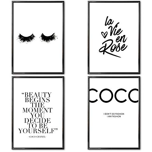 Große AUSWAHL an 4er Poster Set's in DIN A4 z.B. Coco Chanel | MIT & OHNE Rahmen | Schöne Sprüche & Zitate als Bild oder Kunstdruck | perfekt für Wohnzimmer, Schlafzimmer, Küche & Bad | 4 Bilder & Kunstdrucke im Posterset mit Spruch in schwarz weiß | Beauty begins the moment you decide to be yourself, wimpern, La vie en rose
