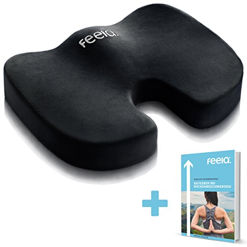 feela. Premium Orthopädisches Sitzkissen zur Entlastung von Bandscheiben und gegen Rückenschmerzen - Ergonomisches Sitzkissen für Bürostuhl I Rollstuhl sowie als Autositzkissen inkl. E-Book (Schwarz)