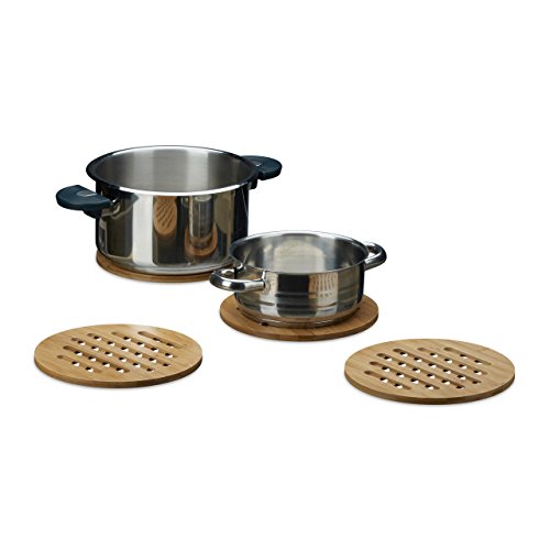 Relaxdays Untersetzer 4er Set rund Bambus, Topfuntersetzer aus Holz für Töpfe, Pfannen, Teller, abwischbar ca. 20 cm Durchmesser, natur