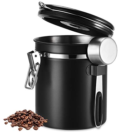 Kaffeedose, Kaffeedose Luftdicht, Kaffeebehälter, Kaffeedose Edelstahl Aromadose Vorratsdose Vakuum Dose für Kaffeebohnen, Pulver, Tee, Nüsse, Kakao (Schwarz, Durchmesser:13cm / Höhe:15cm)
