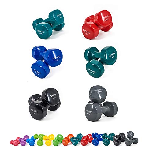 PROMIC 90KG（6Paar） Kurzhantelnset, 2x5KG 2x6KG 2x7KG 2x8KG 2x9KG 2x10KG, Vinyl Gymnastikhanteln, Hanteln Set mit gutem Grip, Rutschfeste Übungshanteln, Gewichte Hanteln Set für Aerobic Pilates