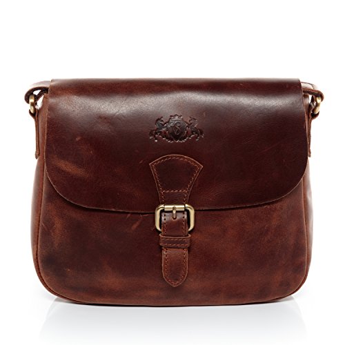 SID & VAIN Schultertasche YALE - Damen Umhängetasche groß Ledertasche - Handtasche im Vintage-Look Damentasche echt Natur-Leder braun-cognac